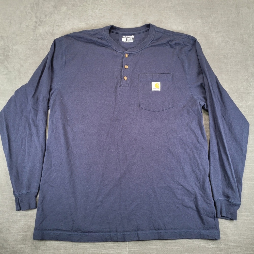 Carhartt Henley Shirt Mens Large Navy Blue Loose Fit Long Sleeve Pocket Tee